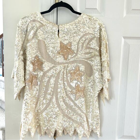 Vintage Silk & Sequin Cream Star Print Top w/ Zig Zag Edge - Picture 2 of 8